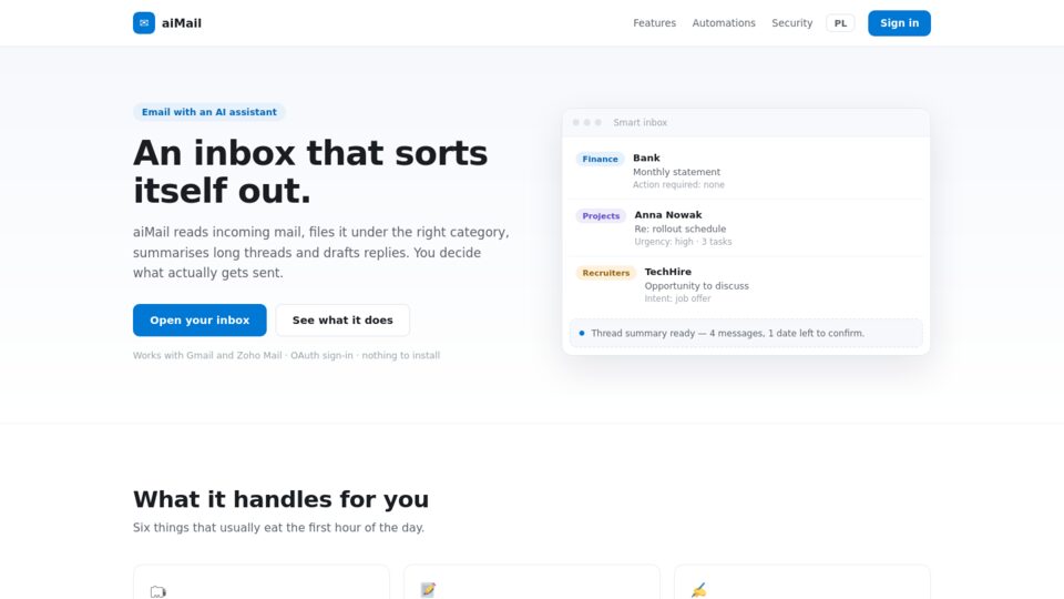 aiMail landing page: an inbox that sorts itself out