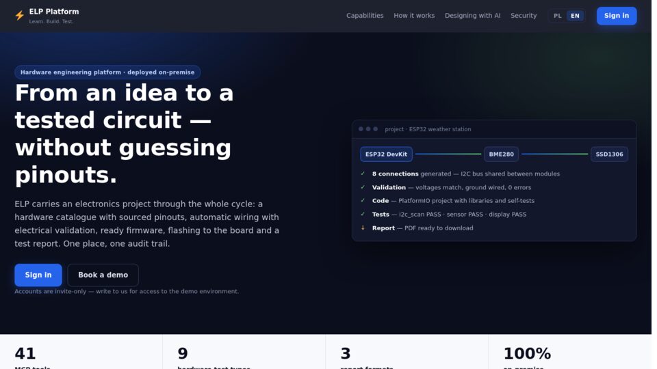 ELP Platform landing page: from an idea to a tested circuit without guessing pinouts