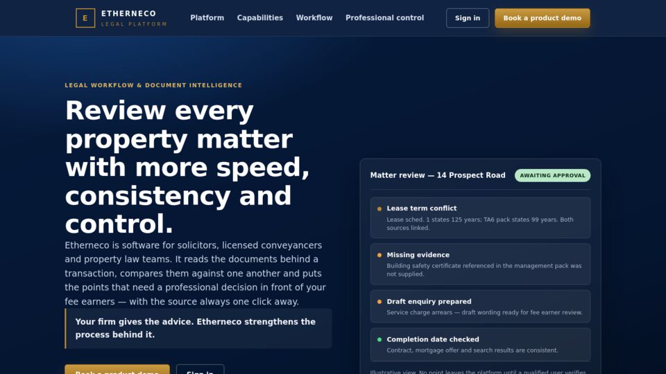 Etherneco Legal landing page: review every property matter with more speed, consistency and control