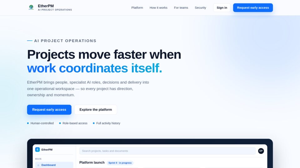 EtherPM landing page: projects move faster when work coordinates itself