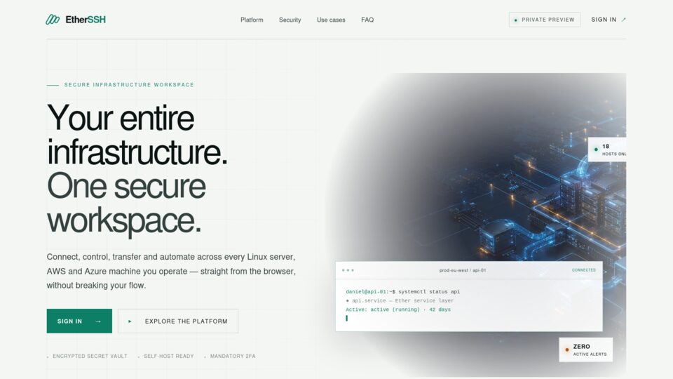 EtherSSH landing page: your entire infrastructure in one secure workspace